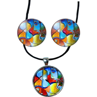 Afbeelding van Set Rivka Clip oorbellen 2.5 cm zilverrand rood en ketting Charme Bijoux