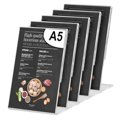Afbeelding van HOSPAOP 5 x standaard A5, acryl tafelstandaard, schuin, L standaard, brochurestandaard, transparant, DIN A5 hoog, met dubbelzijdig plakband voor posters, flyer, menukaarten, prijskaarten, bruiloften