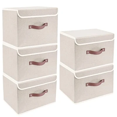 Afbeelding van 5 stuks opvouwbare opbergdozen met deksel, dozen voor kleding, speelgoed, plank beige