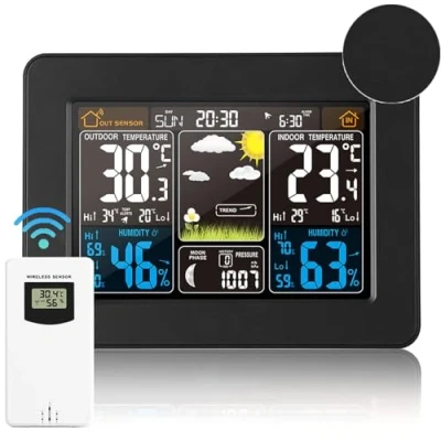 Afbeelding van Weerstation met kleurendisplay, buitensensor, DCF ontvangstsignaal, radioklok, digitale thermometer, hygrometer, binnen en buiten, kamerthermometer, hydrometer, vochtigheid