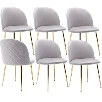 Afbeelding van JINPALAY Set van 6 eetkamerstoelen, fluweel, keukenstoel, gestoffeerd, rugleuning, stoel, moderne woonkamerstoel, gouden poten, 6, grijs