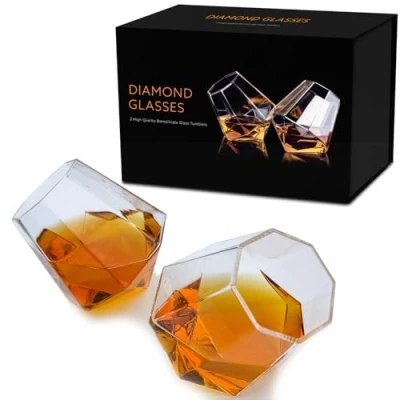Afbeelding van Diamantglazen, Whiskyglazen set van 2, Fancy whiskyglazen, Draaibaar in voet, Geschenkverpakking