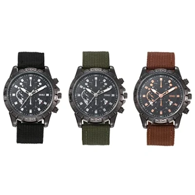 Afbeelding van JewelryWe 3 stuks polshorloge heren nylon armband analoog kwarts horloge #51350