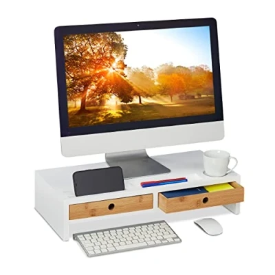 Afbeelding van Relaxdays monitorstandaard met opbergruimte, 2 lades, voor bureau, HxBxD: 12 x 56 27 cm, bamboe &amp; MDF, wit/natuur