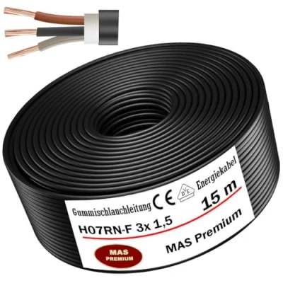 Afbeelding van MAS Premium 5 100 m rubberen slangkabel, energiekabel, bouwplaatskabel H07RN F 3G 1, 1,5, 2,5, 4, 6, 10 of 3x flexibele kabel voor zware apparaten (H07RN 3 x 1,5 mm², 15 m)