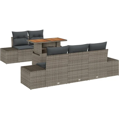 Afbeelding van vidaXL 6 delige Tuindining Set met Kussens Grijs Poly Rattan Acacia
