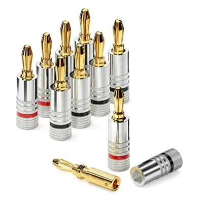 Afbeelding van conecto Professionele banaanstekkers voor alle luidsprekerkabels met een diameter van max. 6 mm², 8 stuks allround kleurring, rood/zwart, 24 K vergulde connectoren, zilver