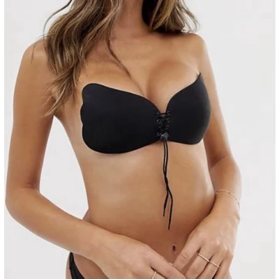 Afbeelding van Strapless Plak BH Beha met push up door de vetersluiting zwart plakbeha B