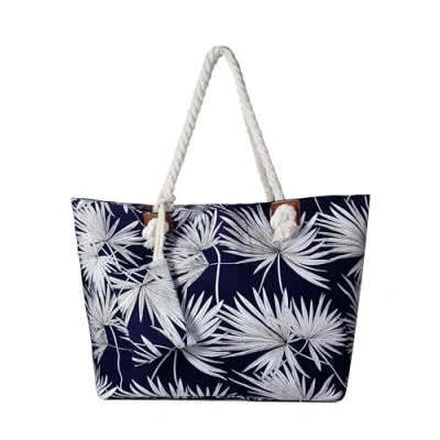 Afbeelding van Blauw bladeren grote strandtas Schoudertas met ritssluiting Shopper wit
