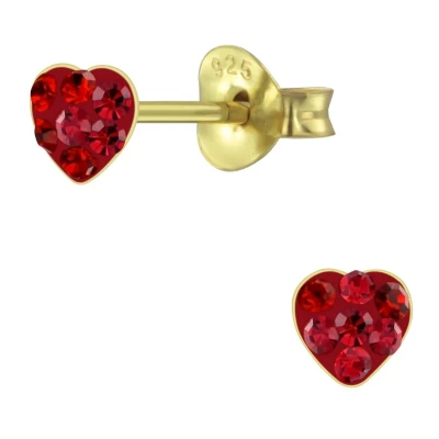 Afbeelding van JoyS Zilveren petit hartje oorbellen 4 mm kristal rood 14k goudplating kinderoorbellen