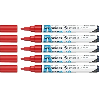 Afbeelding van Schneider Paint It acrylstiften (met 2 mm ronde punt, hoogdekkende acrylverf voor hout, canvas, steen en nog veel meer.) 5 pack, rood
