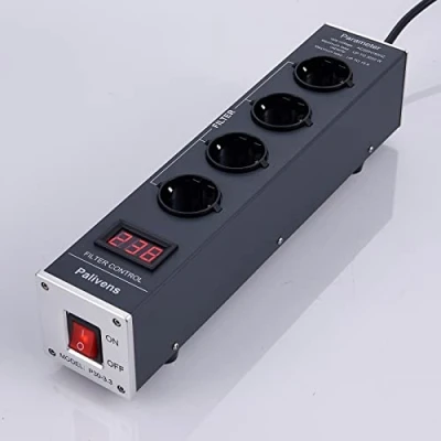 Afbeelding van Pailvens HiFi Netfilter, 4 voudige ontstoringsfilter, stopcontact met lcd display, overspanningsbeveiliging, laadbeveiliging tot 15 A, meervoudige stekkerdoos voor luidspreker, cd /dvd speler, grijs