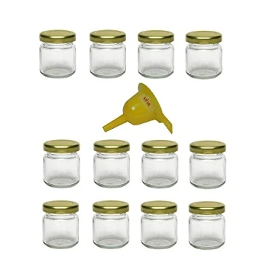 Afbeelding van Viva Haushaltswaren 12 x mini inmaakpotten van 53 ml met goudkleurig deksel, ronde glazen potten als jampotten, kruidenpotjes, gastgeschenk, enz. bruikbaar (incl. trechter Ø 12,3 cm)