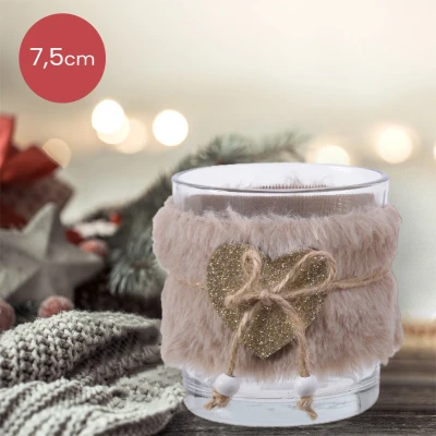 Afbeelding van Helder glazen waxinelichthouder met nep bond en hartje Ø7 x 7,5 cm kerstdecoratie kerst luxe theelichthouder voor kaarsjes