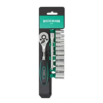 Afbeelding van Dopsleutel set 12 delig met 1/4&quot; ratel, 4mm 13mm zeskant bit verwisselbare doppen en verlengstuk 100mm van chroom vanadium staal houder WIESEMANN 1893 I 80003