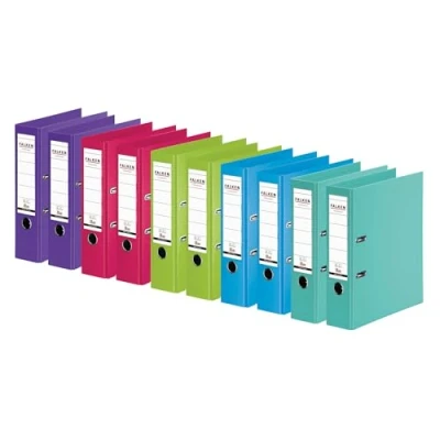 Afbeelding van Origineel Falken 10 stuks Chromocolor premium mappen. Made in Germany. Kunststof kaft buiten en binnen 8 cm breed DIN A4 assorti kleuren 2x per stuk mint, lichtblauw, limegroen, roze, violet.