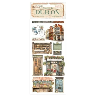 Afbeelding van Stamperia Art of Travelling Rub On 4x8,5 Inch Shops (DFLRB133)