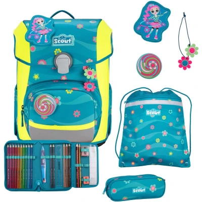 Afbeelding van Scout Schooltas Basic Neo Set 4 delig Little Flowers Petrol