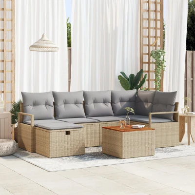Afbeelding van vidaXL 7 delige tuinset met kussens Beige Poly Rattan