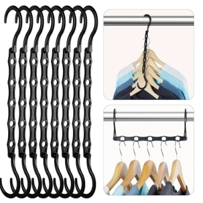 Afbeelding van HOUSE DAY Magische kleerhangers, ruimtebesparende stevige kunststof, met 5 gaten voor zware kleding, 8 stuks, zwart