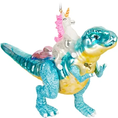 Afbeelding van BRUBAKER Handgeschilderde Glazen Kerstbal Grappig Motief Handgeblazen Kerstboom Decoratie Figurines Grappige Deco Hanger Boombal Kerst Eenhoorn op dinosaurus