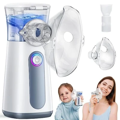 Afbeelding van Inhalator Nebulizer, inhalatieapparaat, draagbare inhaleerapparaat voor kinderen volwassenen met mondstuk en 2 maskers, batterij gaat lang mee, inhaleren baby, instelbare