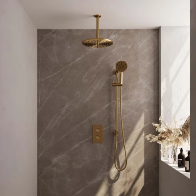 Afbeelding van BRAUER Gold Edition thermostatische inbouw regendouche 3 weg omstelling SET 48 met 30 cm douchekop en plafondarm standen handdouche