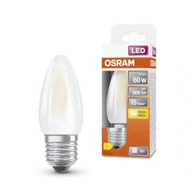 Afbeelding van OSRAM LED Star Classic lamp in klassieke minikersvorm, wit, warmwit licht (2700 K) met 5,5 W/806 lm, van ijskoud bleek glas, E27 sokkel, IP20, EEK D, 35 mm diameter.