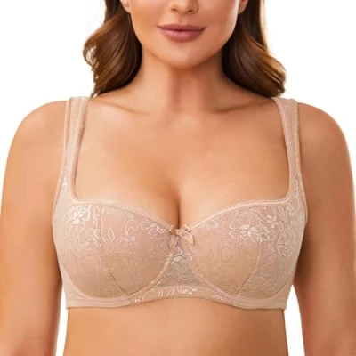 Afbeelding van MELENECA Dames gewatteerde band half cup beugel sexy kanten balconette bh Beige 85G