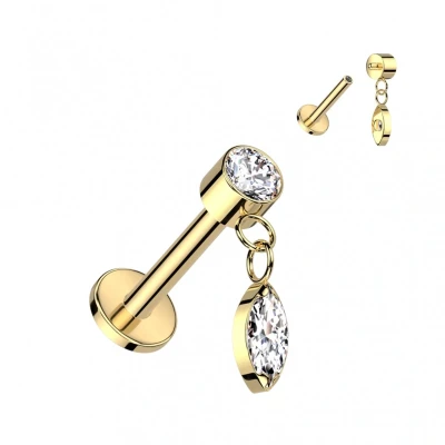 Afbeelding van Piercing rond top met marquise hanger 1.2x8 goud