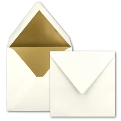 Afbeelding van 100 vierkante enveloppen, 15,5 x cm, natuurlijk wit (wit), gevoerd met goudpapier, natte plakrand FarbenFroh by GUSTAV NEUSER