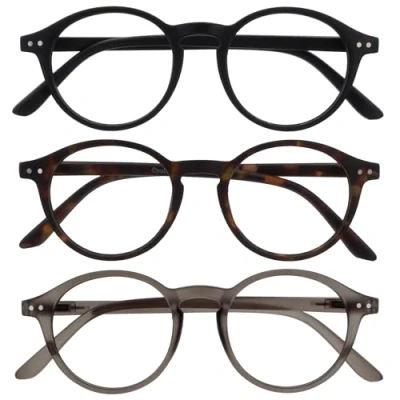 Afbeelding van OPULIZE REY Leesbril 3 Pack Retro Rond Montuur Matzwart, Bruin Schildpadpatroon, Grijs Heren Dames Veerscharnieren RRR56 127 +2.50