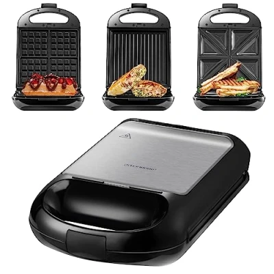 Afbeelding van Steinborg 3 in 1 sandwichmaker XXL, verwisselbare platen, 1200 watt, contactgril, 4 delige sandwichmaker, multigrill, wafel ijzer, elektrische grill, wafelijzer