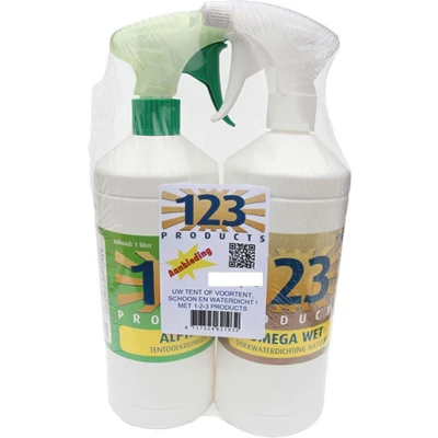 Afbeelding van 123 Products Combi pakket, Alpha Tentdoekreiniger En Omega WET Waterdichting