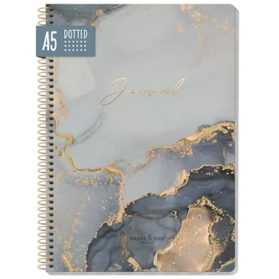 Afbeelding van paper&amp;you® Bullet Journal gestippeld A5 met spiraalbinding &quot;Grey Marble&quot; 160 pagina&#039;s, notitieboek spiraal, college blok, spiraalblok, notitieblok, duurzaam en klimaatvriendelijk