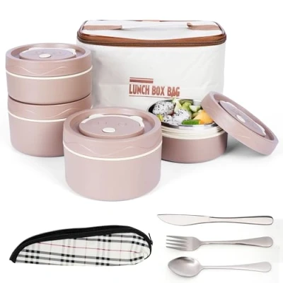Afbeelding van Belle Vous 5 Piece Portable Insulated Lunch Container Set with Cutlery 4 Stainless Steel Leakproof Stackable Food Bento Boxes Thermal Bag Box for Adults/Students Brown