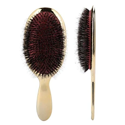 Afbeelding van Borstel, professionele haarborstel van wildzwijnharen, voor mannen en vrouwen, natuurlijke haarborstel, met beuken hout, lang, dik, krullend haar (goud)