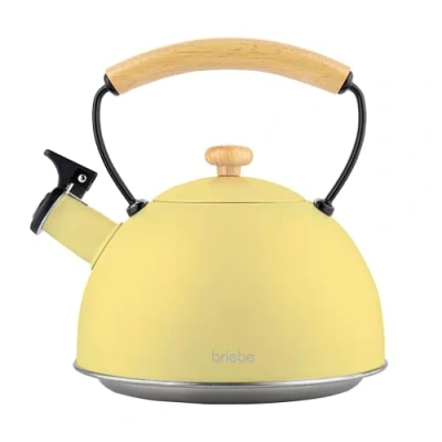 Afbeelding van briebe Retro Waterketel Inductie, Fluitketel 2,3 L, Roestvrijstalen, Houten Handvat Cool Touch Theepot Keuken, Glaskeramische kookplaat, Gas, Elektrische Vintage Teapot, Pastelgeel