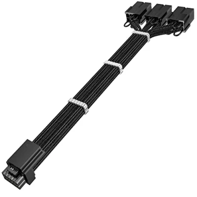 Afbeelding van AsiaHorse PCIE 5.0 GPU 16AWG pc voedingsadapter verlengkabel,GPU 12VHPWR kabelverlenging met mouwen,16(12+4) Pin tot 3 * 8Pin voor RTX 3090Ti/4070Ti/4080/4090, 30CM, 600W, Zwart