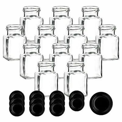 Afbeelding van gouveo Set van 12 inmaakpotten, 150 ml, vierkant, met schroefdeksel, zwart, kleine voorraadpotten draaisluiting, lege jampotten, bewaarpotten (EGE150SZ)