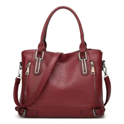 Afbeelding van Dameshandtas van leer, hengseltas, vintage tas met handvatten, zachte schoudertas voor vrouwen, Bourgondië rood, F