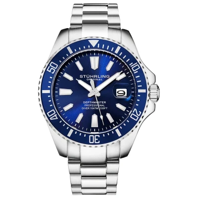 Afbeelding van Stührling Depthmaster 3950A Quartz 42mm Duikhorloge Blauwe wijzerplaat / Zilveren kast roestvrijstalen armband Deployant gesp