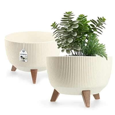 Afbeelding van Kadax Bloempot, van kunststof, met drie insteeksteunen, rond, bloemenschaal, plantenbak, bloembak, voor balkon, woonkamer, 33 cm diameter, crème