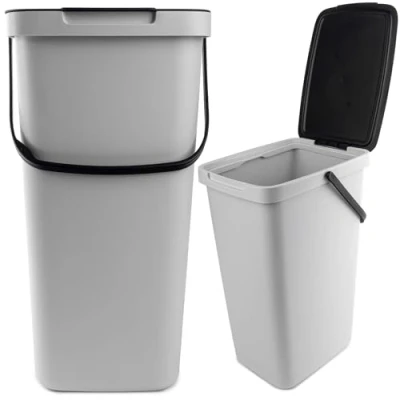 Afbeelding van Kadax Afvalemmer, met deksel en handvat, van plastic, vuilnisemmer, voor afvalscheiding, rechthoekig, klapdeksel, grijs, 20 l