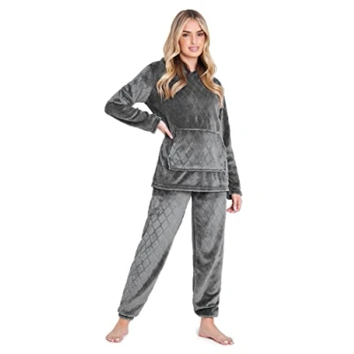 Afbeelding van CityComfort Damespyjama, fleece pyjama met capuchon voor dames en tieners, pluizige loungewear set, gezellige pyjama&#039;s, houtskool, S
