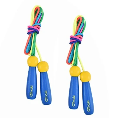 Afbeelding van OTraki Rope Skipping touw, springtouw voor kinderen, verstelbaar, 2 stuks, met houten handvat en katoenen jongens meisjes, fitness, spel botontwikkeling te bevorderen, 250 cm (blauw)