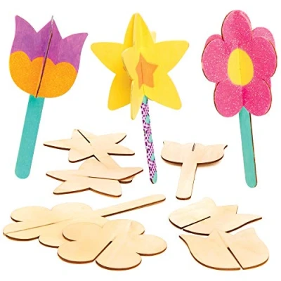 Afbeelding van Baker Ross 3D bloemendecoratie van hout knutselset voor kinderen (8 stuks)
