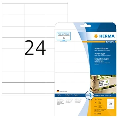 Afbeelding van HERMA 10905 powerlabels A4 (70 x 36 mm, 25 velles, papier, mat) zelfklevend, bedrukbaar, extreme sterk klevende universele etiketten, 600 etiketten voor printer, wit
