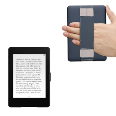 Afbeelding van kwmobile E reader hoesje geschikt voor Amazon Kindle Paperwhite hoes flip case van kunstleer Ereader cover met handband In donkerblauw / grijs