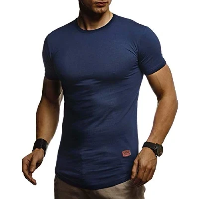 Afbeelding van Leif Nelson Zomer T shirt voor heren met ronde hals, slimfit, katoenaandeel, cool wit zwart basic shirt, korte mouwen, lang, LN8294, donkerblauw, M